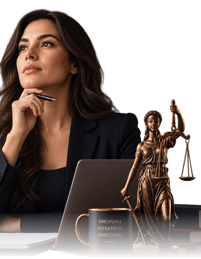 Advogada em formação, com laptop, estátua da Justiça e material de estudo