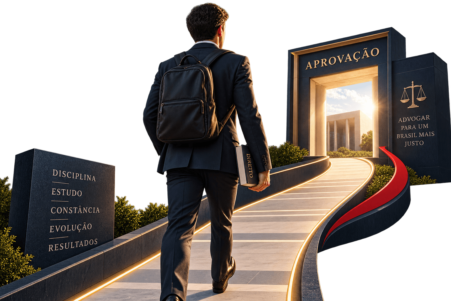 Estudante de Direito caminhando por um percurso marcado por disciplina, estudo, constância, evolução e resultados, em direção a um portal de aprovação